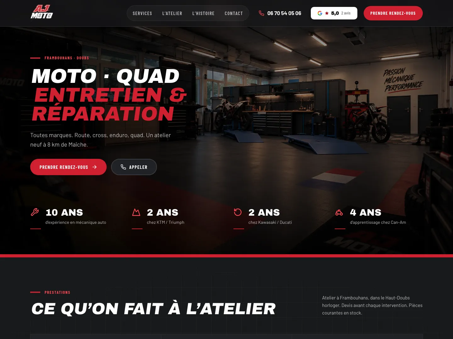 Page d'accueil du site AJ Moto, garage moto et quad à Frambouhans
