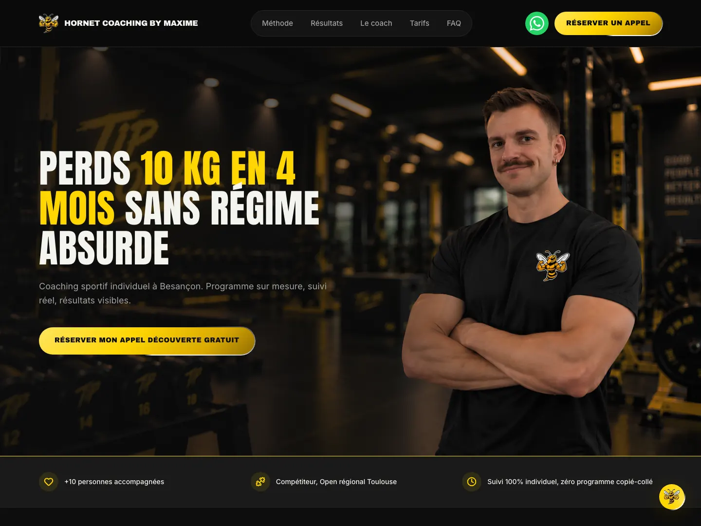 Page d'accueil du site Hornet Coaching by Maxime, coaching sportif à Besançon