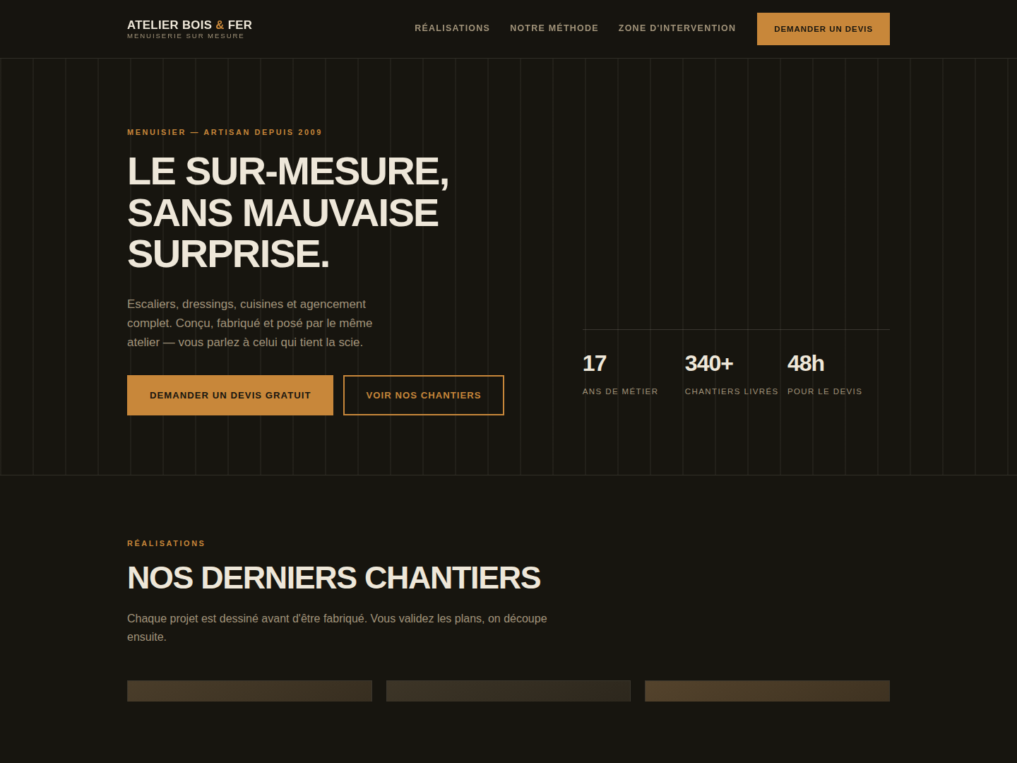 Page d'accueil du site de démonstration Atelier Bois & Fer, menuiserie