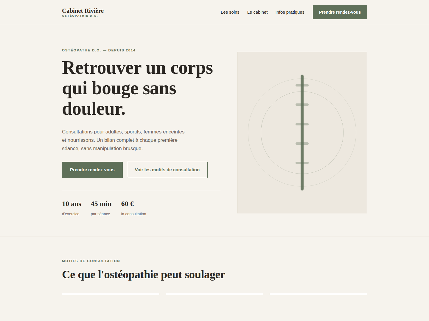 Page d'accueil du site de démonstration Cabinet Rivière, ostéopathie